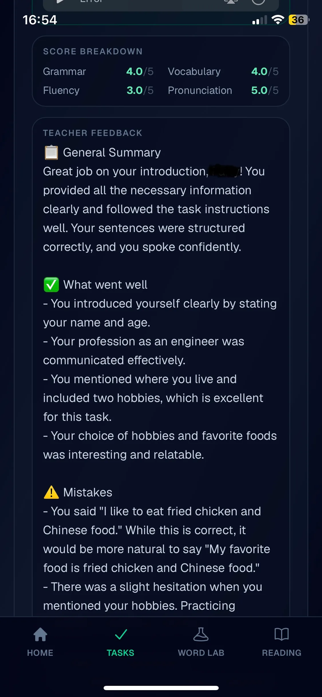 Feedback on a response
