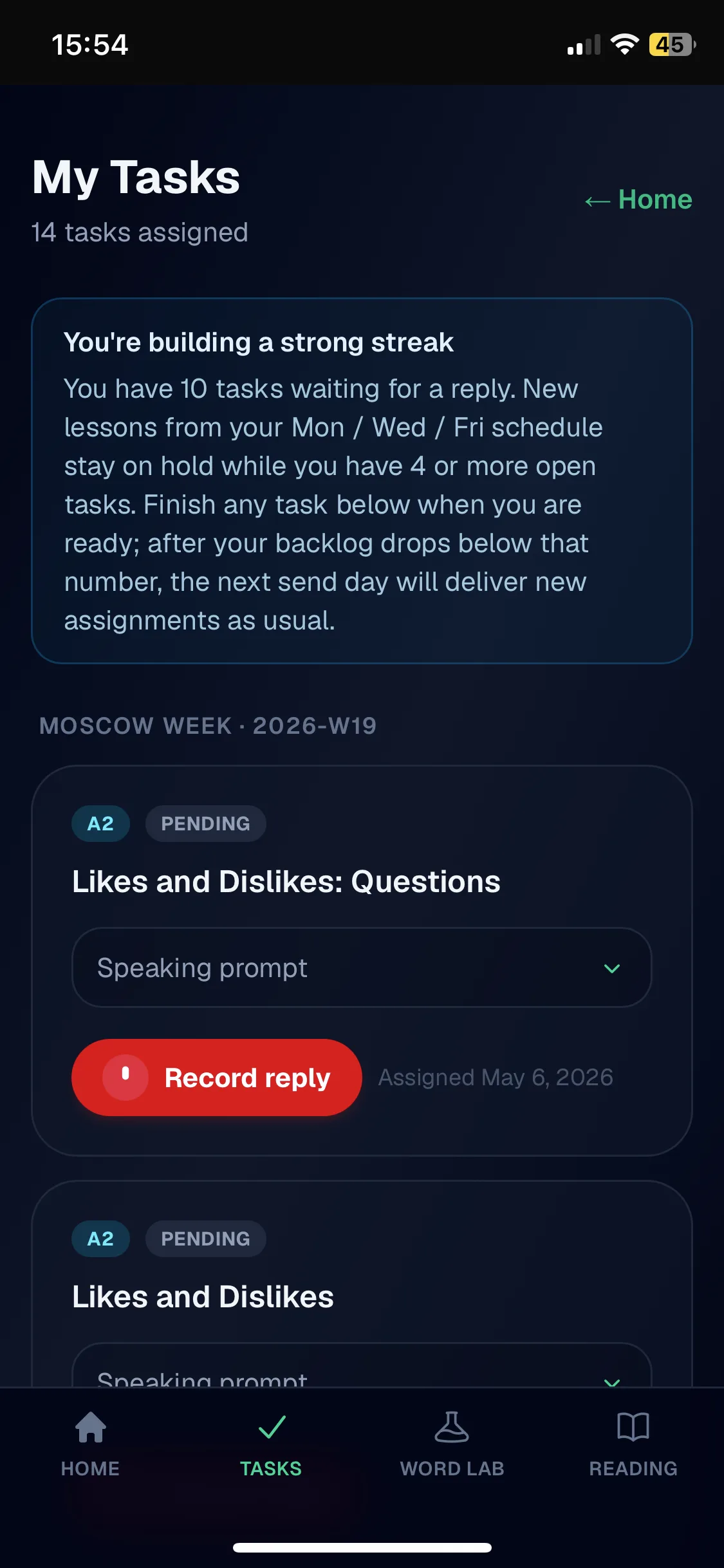 Task selection screen